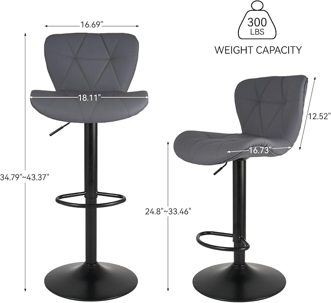Nalupatio Modern Bar Stools Set of 4, Adjustable Faux Leather Upholstered Swivel Bar Stools, Counter Height Bar Chairs with Back for Kitchen Island, Dark Grey