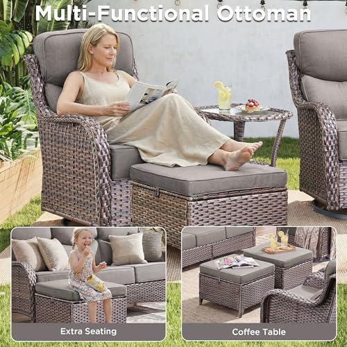 Luxury 8 Pieces Outdoor Patio Furniture Set-All Weather Wicker Swivel Rocker Patio Chairs with 6" Thick Cushion Rattan Sofa Coffee Table, Outdoor Conversation for Garden Porch Backyard(Brown/Grey)