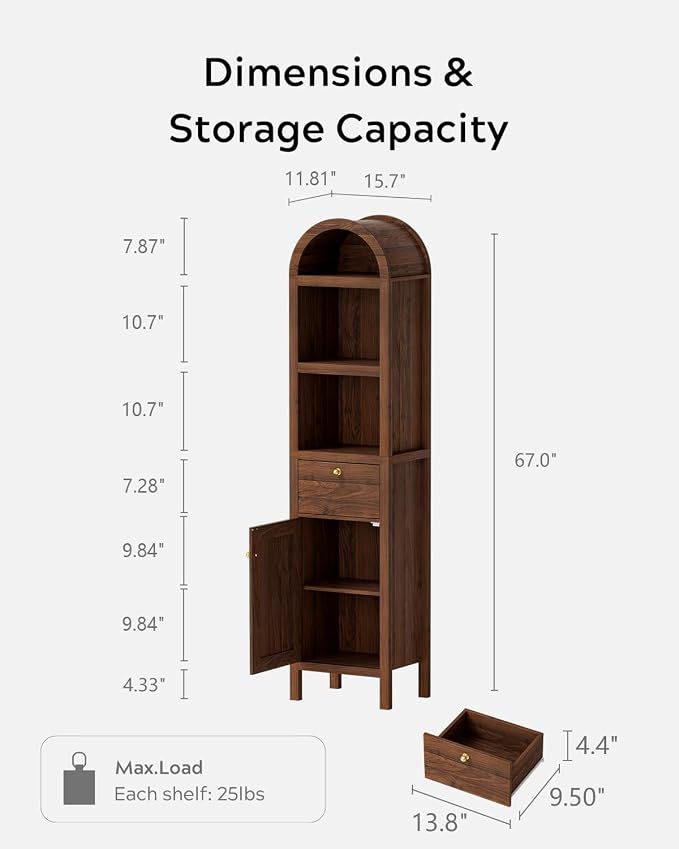 EYYTHUNG 67" Tall Arched Bathroom Narrow Storage Cabinets Set of 2 with Adjustable Shelf, Farmhouse Freestanding Tower Cabinet with Door and Drawer for Kitchen, Living Room, Brown