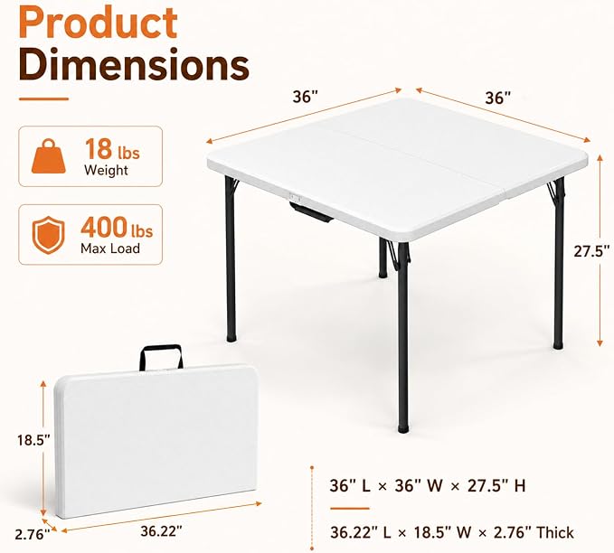36" Square Folding Card Table - Plastic Portable Folding Table with Carrying Handle, [Heavy Duty 400 lbs] Perfect for Camping, Party, Game, Picnic, Card, Mahjong, White