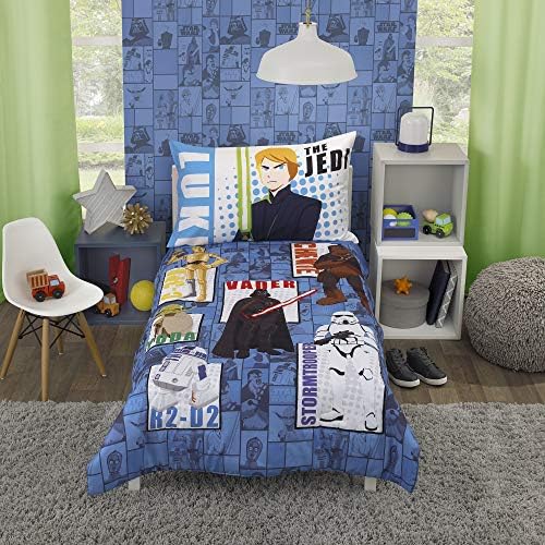 Disney Star Wars Galaxies Await 4 Piece Toddler Bedding Set Fitted Sheet, Pillow Case, Top Sheet, and Comforter Quilt - Blue