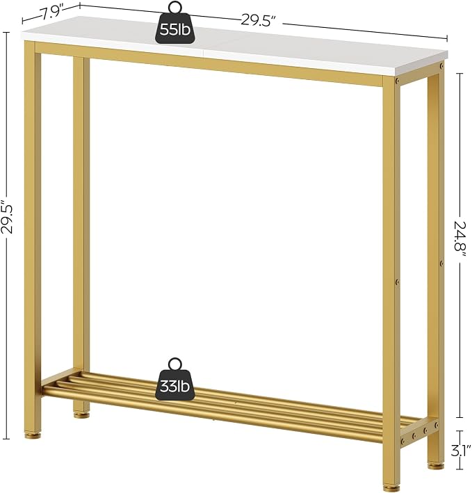 YATINEY Narrow Console Table, 2-Tier Small Sofa Table, 29.5" Thin Entryway Behind Couch Table with Shelves, Industrial Hallway Table, for Living Room, Foyer, White and Gold CT03DW