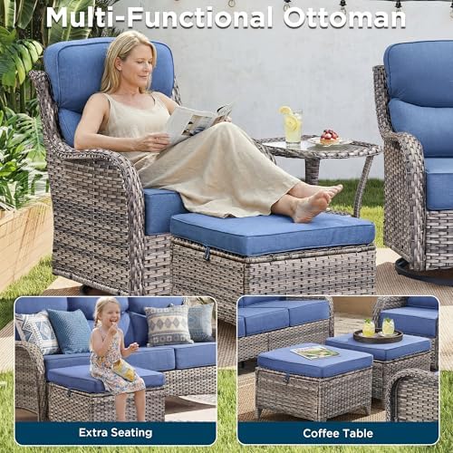 Luxury 3 Pieces Patio Furniture Sets-All Weather Wicker Rattan 3-Seat Sofa Set with Comfy 6" Cushion, Multifunctional Ottomans Patio Conversation Set for Deck Backyard Garden(Grey/Blue)