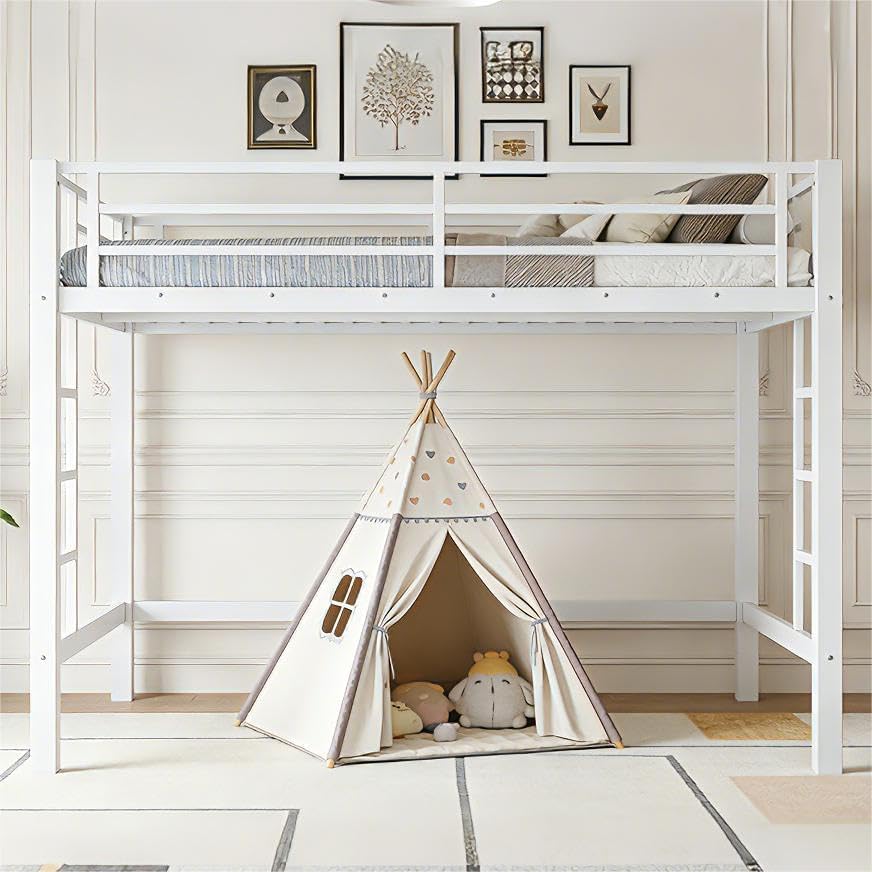 Bellemave Full Size Metal Loft Bed Frame with 2 Ladders, High Guardrail & Sturdy Iron Construction, Space-Saving Adult Loft Bed for Dorms, Safe for Kids, Teens, No Box Spring Needed, White