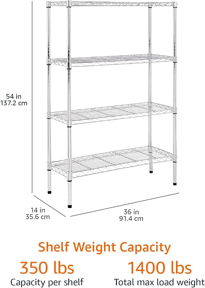 Amazon Basics 4-Shelf Adjustable Heavy Duty Steel Wire Rack Storage Shelving Unit for Kitchen, Garage, Easy Assembly, 350 lbs Per Shelf, 36" x 14" x 54", Chrome Silver