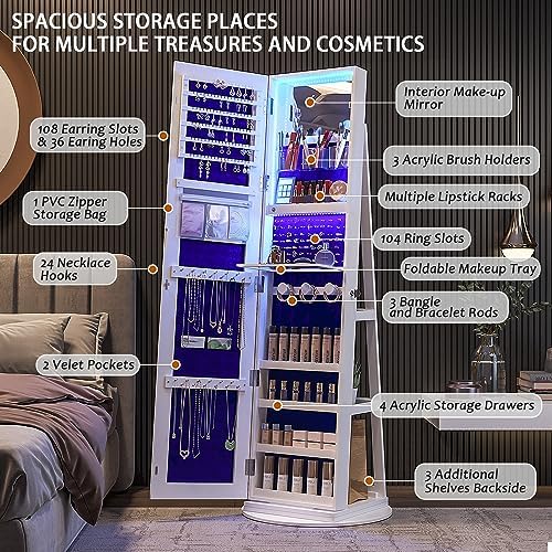 360° Swivel Jewelry Cabinet Organizer with Lights, Full Length Mirror with Jewelry Storage, Lockable Standing Jewelry Armoire Organizer, Mirror Jewelry Cabinet with Inside Makeup Mirror (White)