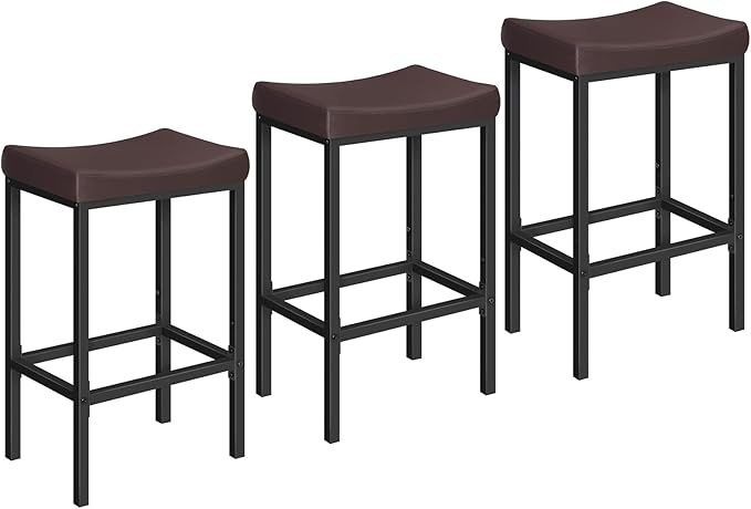 HOOBRO Bar Chairs, Set of 3 Counter Height Saddle Stools with Curved Surface, 24.8 Inches, 2.4" Thick Upholstery, for Kitchen and Dining Room, Brown and Black BC10BYP301