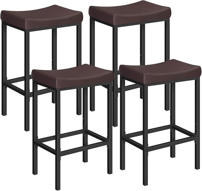 HOOBRO Bar Chairs, Set of 4 Counter Height Saddle Stools with Curved Surface, 24.8 Inches, 2.4" Thick Upholstery, for Kitchen and Dining Room, Brown and Black BC10BYP401