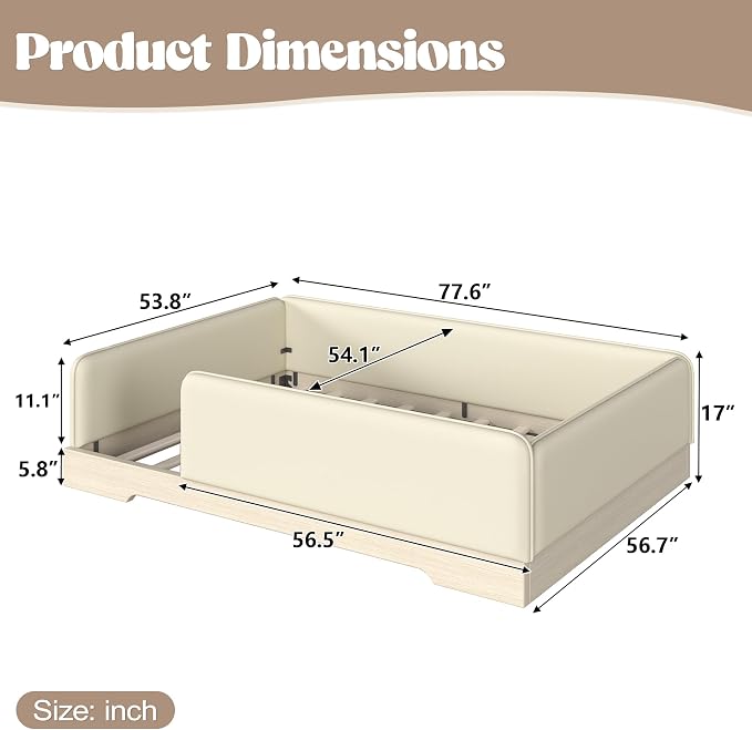 Bellemave Full Upholstered Montessori Floor Bed Frame with Guardrails,Beige