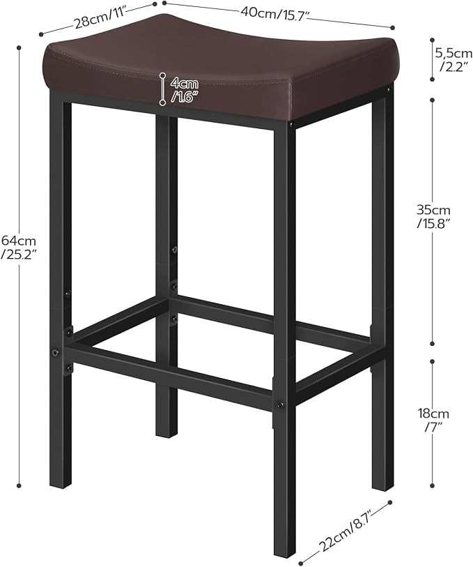 HOOBRO Bar Chairs, Set of 4 Counter Height Saddle Stools with Curved Surface, 24.8 Inches, 2.4" Thick Upholstery, for Kitchen and Dining Room, Brown and Black BC10BYP401