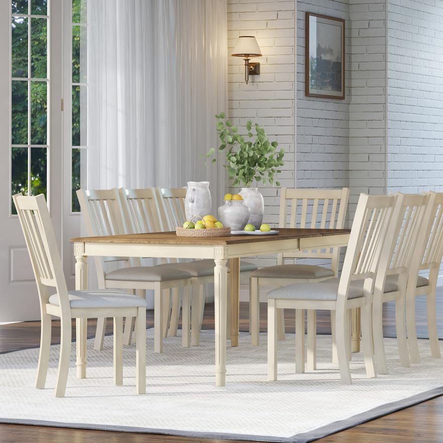 AMERLIFE Set of 8 Farmhouse Dining Chairs with Upholstered Seats, Cream
