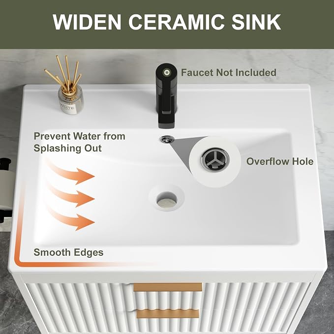 24 Inch Floating Bathroom Vanity with Sink & Towel Holder, Fluted Wall Mounted Vanity Cabinet for Small Bathroom, Modern Combo with LED Light, Metal Handle & Soft-Closing Drawers, White