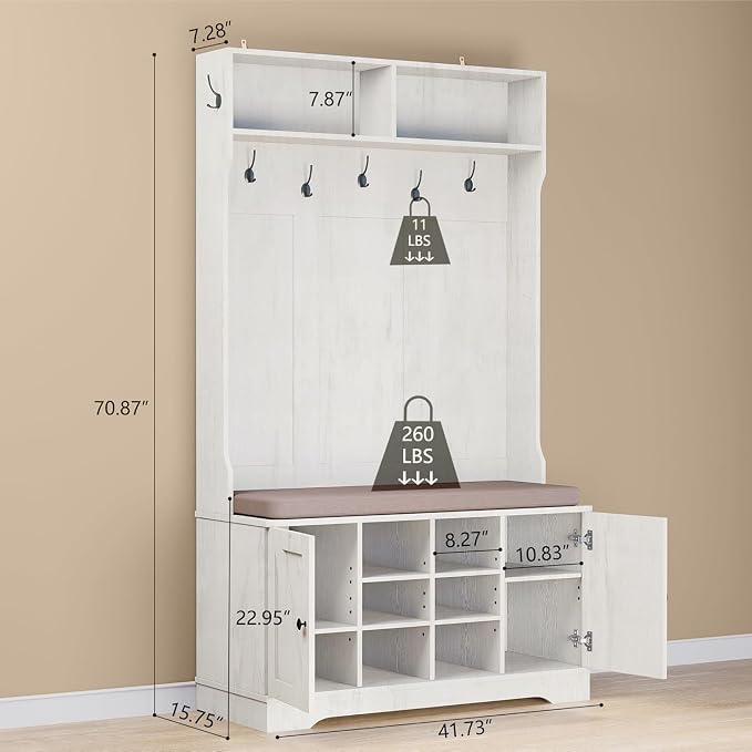 71“ White Hall Tree with Bench and Shoe Storage, 6 Adjustable Shelves,