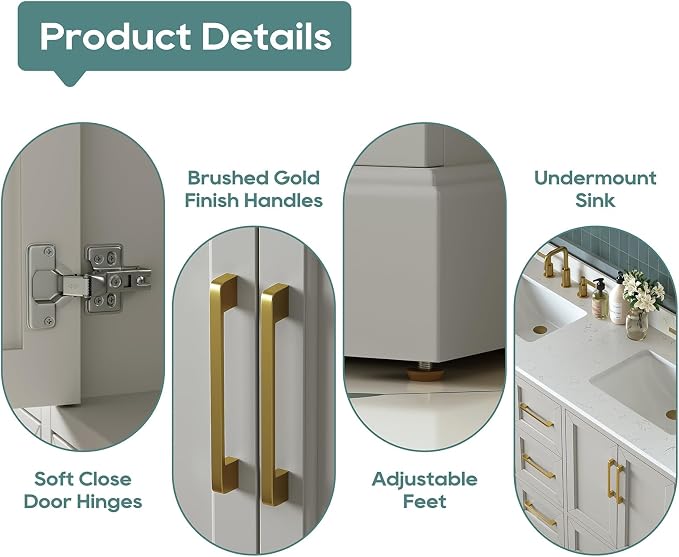 60 Inch Bathroom Vanity with Double Sink Combo, Greige | Solid Wood Frame with Marble Top & Backsplash, Fully-Assembled with 4 Soft-Closing Doors & 5 Dovetail Drawers
