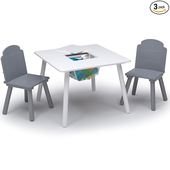 Delta Children Finn Table and Chair Set with Storage, White/Grey