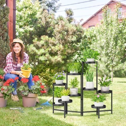iDavosic.ly Plant Stand Indoor Outdoor, 9 Tier Metal Corner Shelf, Black