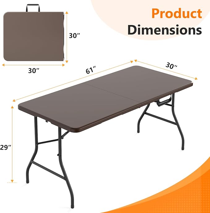 5 Foot Folding Table, Fold-in-Half Utility Table with Carrying Handle, 5FT Heavy Duty Portable Table for Party, Wedding, Picnic, Camping, Indoor & Outdoor, Brown