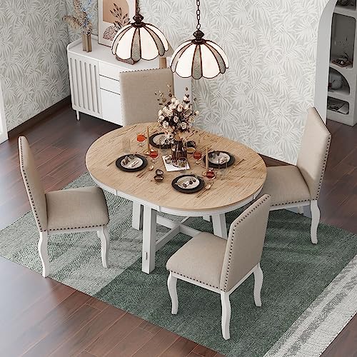 Harper & Bright Designs TREXM 5-Piece Farmhouse Dining Table Set Wood Round Extendable Dining Table and 4 Upholstered Dining Chairs (Oak Natural Wood + Antique White)