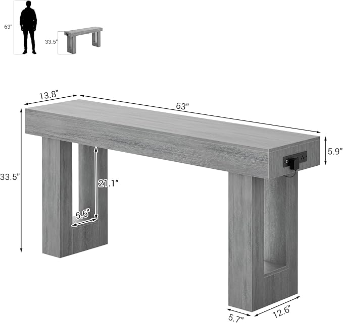 Unikito 63" Console Table with Sensor Light and Oulets, White Oak
