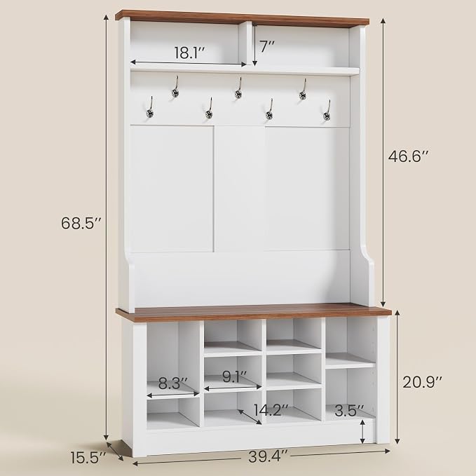Itaar Hall Tree with Bench and Shoe Storage, 3-in-1 Entryway Bench with Coat Rack, Hall Tree with Adjustable Shoe Storage and Hanging Hooks, White and Brown (White and Brown)