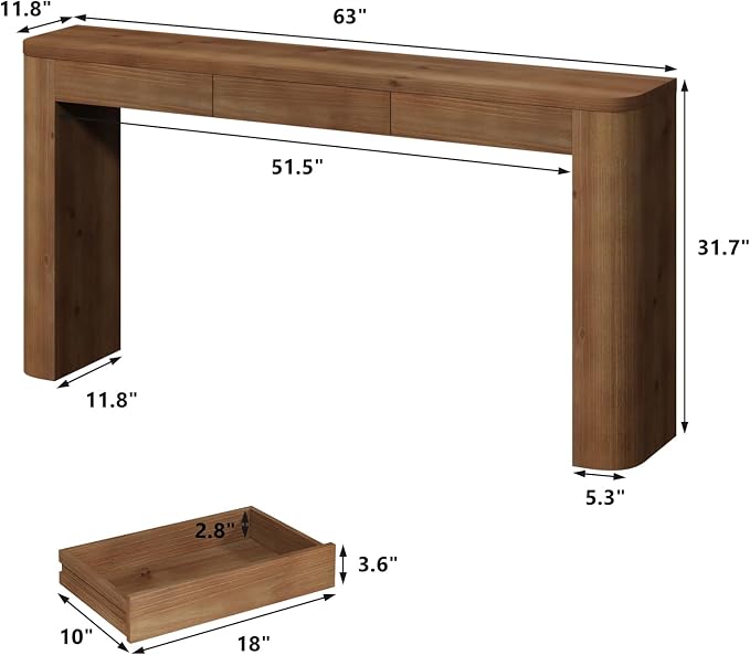 63" Solid Wood Console Table with Storage Drawer & Thick Leg