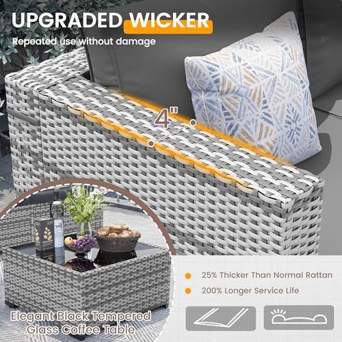 Outdoor Patio Furniture Set with Fire Pit 8 Pcs Wicker Sectional Sofa Grey