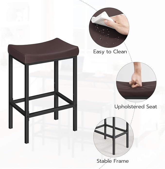 HOOBRO Bar Chairs, Set of 3 Counter Height Saddle Stools with Curved Surface, 24.8 Inches, 2.4" Thick Upholstery, for Kitchen and Dining Room, Brown and Black BC10BYP301