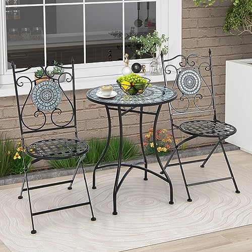 GIANTEX 24 Inch Patio Bistro Table, Mosaic Round Table w/Ceramic Tile Tabletop, Heavy-Duty Metal Structure, Outdoor Dining Table for Backyard, Garden, Porch (Blue & Black (Sun Pattern))