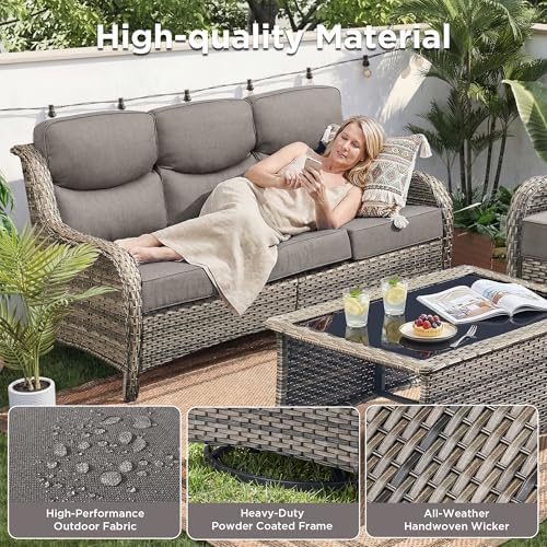 Luxury 5 Pieces Outdoor Patio Furniture Set-High Back Swivel Rocker Patio Chairs with Sofa and Ottomans, 6-inch Extra Thick Cushions Wicker Outdoor Conversation Set for Garden Porch(Grey/Grey)