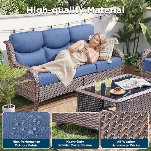 Luxury 8 Pieces Outdoor Patio Furniture Set-All Weather Wicker Swivel Rocker Patio Chairs with 6" Thick Cushion Rattan Sofa Coffee Table, Outdoor Conversation for Garden Porch Backyard(Brown/Blue)