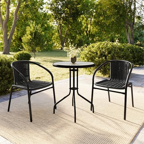 Flash Furniture Modern Rattan Indoor/Outdoor Restaurant Dining Chairs, Stackable Rattan Bistro Chairs for Patio or Restaurant, Set of 2, Black