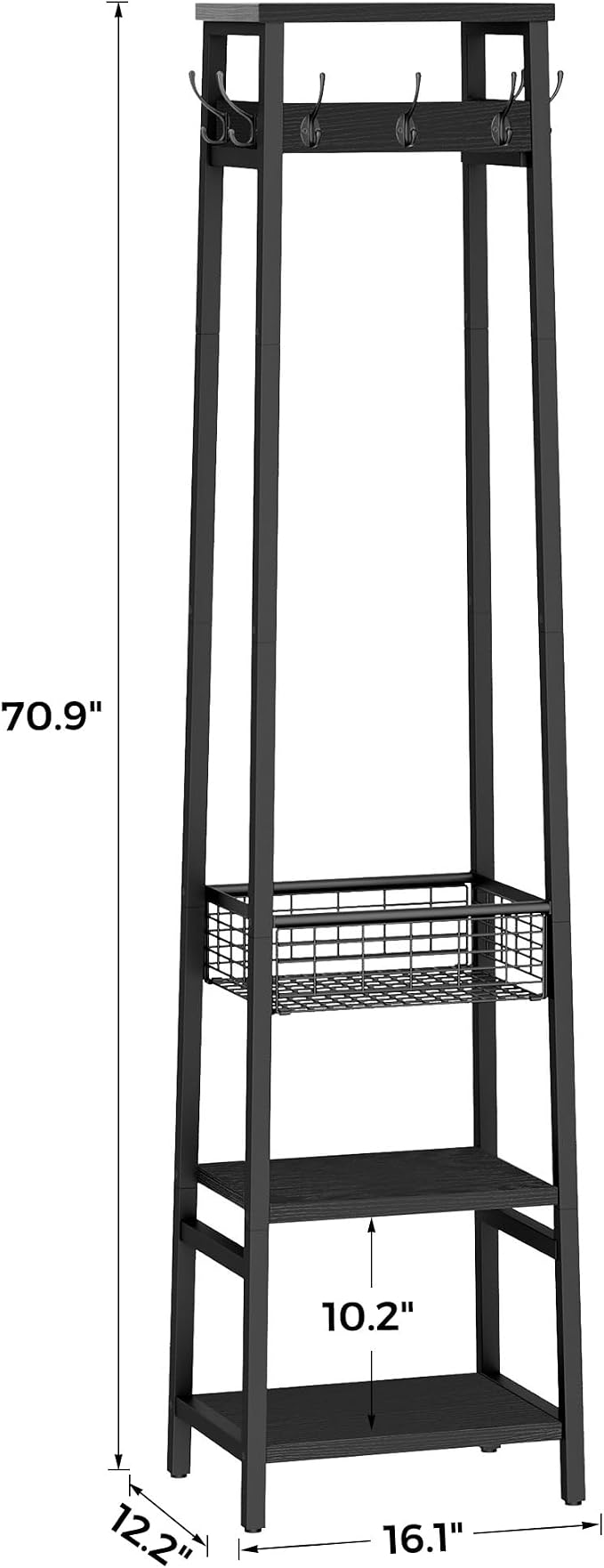 Coat Rack with Metal Basket and Storage Shelves