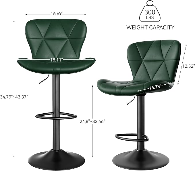 Nalupatio Modern Bar Stools Set of 2, Adjustable Faux Leather Upholstered Swivel Bar Stools, Counter Height Bar Chairs with Back for Kitchen Island, Green