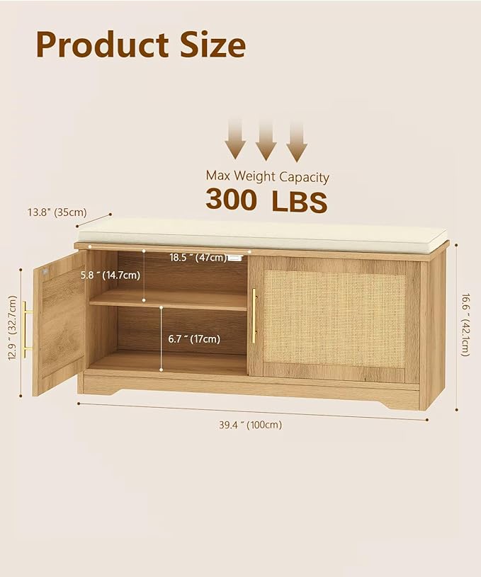 Rattan Shoe Storage Bench, 39.4" Wide Entryway Bench, Natural Oak