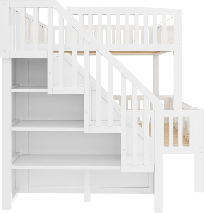 LUMISOL Full XL Over Queen Bunk Bed with Stairs, Solid Wood Bunk Bed Frame with LED Light and Bookshelf, White