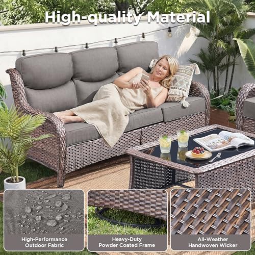 Luxury 3 Pieces Patio Furniture Sets-All Weather Wicker Rattan 3-Seat Sofa Set with Comfy 6" Cushion, Multifunctional Ottomans Patio Conversation Set for Deck Backyard Garden(Brown/Grey)