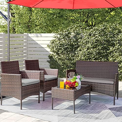 Greesum Patio Furniture 4 Pieces Conversation Sets,Brown and Gray