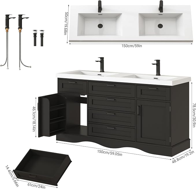 59" Bathroom Vanities Cabinet with Double Sink Combo,Modern Undermount Vanity Sink Cabinet with 2 Storage Doors and 3 Drawers,High Freestanding Bathroom Storage Cabinet with 3 Flip-top Drawers(Black)