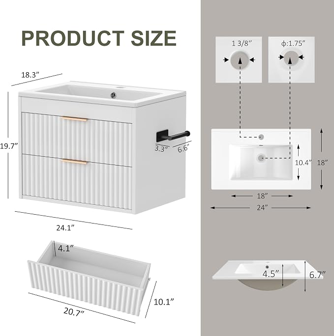 24 Inch Floating Bathroom Vanity with Sink & Towel Holder, Fluted Wall Mounted Vanity Cabinet for Small Bathroom, Modern Combo with LED Light, Metal Handle & Soft-Closing Drawers, White