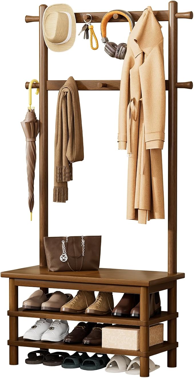 Solid Wood Hall Tree with Bench, Shoe Rack & 11 Hooks 27.2''