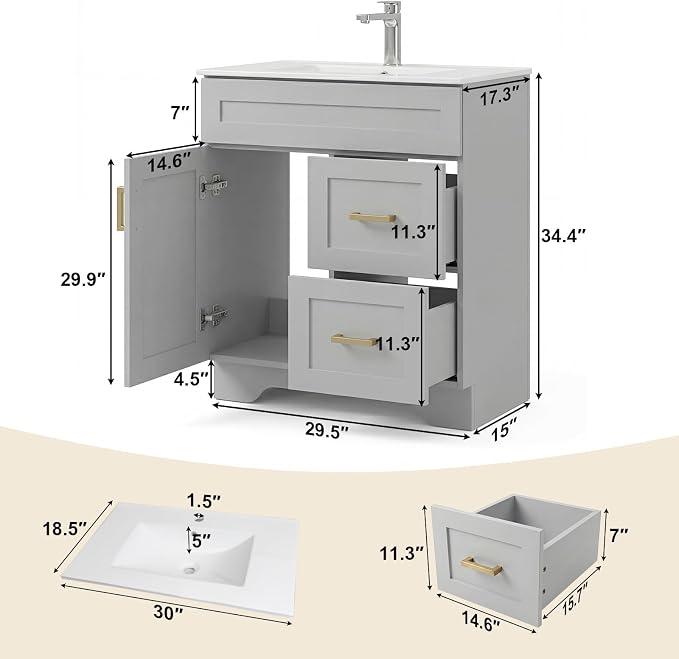 30 Inch Bathroom Vanity with Sink, Modern Shaker Bathroom Sink Cabinet with Soft-Close Door & 2 Drawers, Wood Freestanding Bathroom Storage Cabinet with Ceramic Basin, Grey