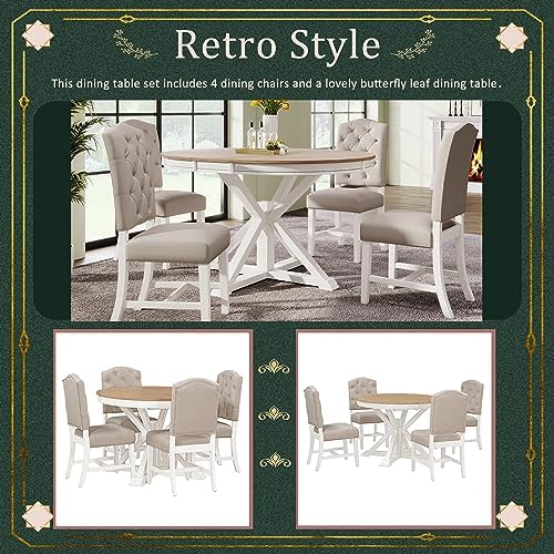 LUMISOL 5-Piece Solid Wood Dining Table Set for 4, Farmhouse Extendable Round Kitchen Table Set with 4 Upholstered Chairs for Kitchen, Dining Room, Living Room, Oak Natural Wood + Off White