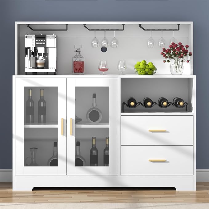 Bar Cabinet for Home with LED Light,Coffee Bar Cabinet w/ Wine & Glass Rack