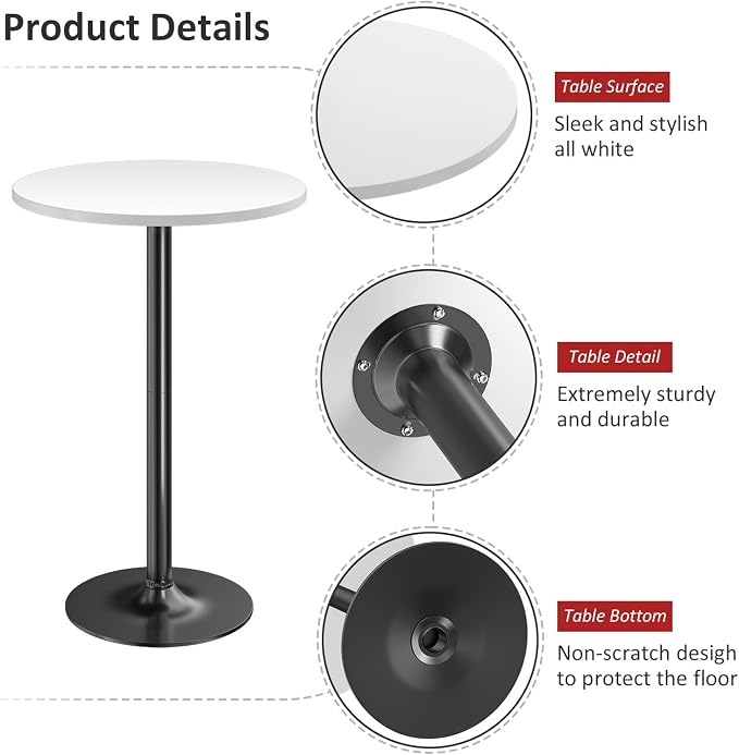 Furmax Bistro Pub Table Round Bar Height Cocktail Table for Home Bar, Round Bar Tables for Party, Dining Room, Living Room and Wedding, Metal Base MDF Top, 40.6 Inch Height (2, White-1)