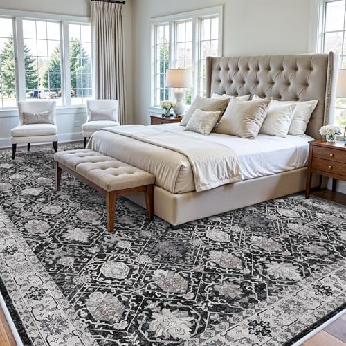 Vintage 10x14 Washable Area Rug: Large Living Room Rugs Indoor Soft Stain Resistant Carpet with Non-Slip Backing for Bedroom Dining Room Farmhouse Low Pile Floor Mat for King Size Bed (10x14 Black)