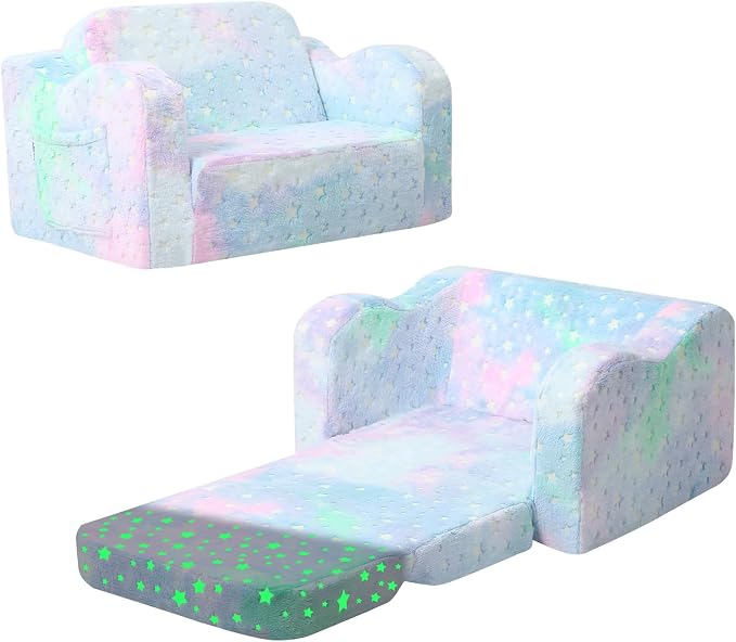 MeMoreCool Kids Couch, Glow Dark Rainbow Star Fold Out Sofa, Pastel Tie Dye