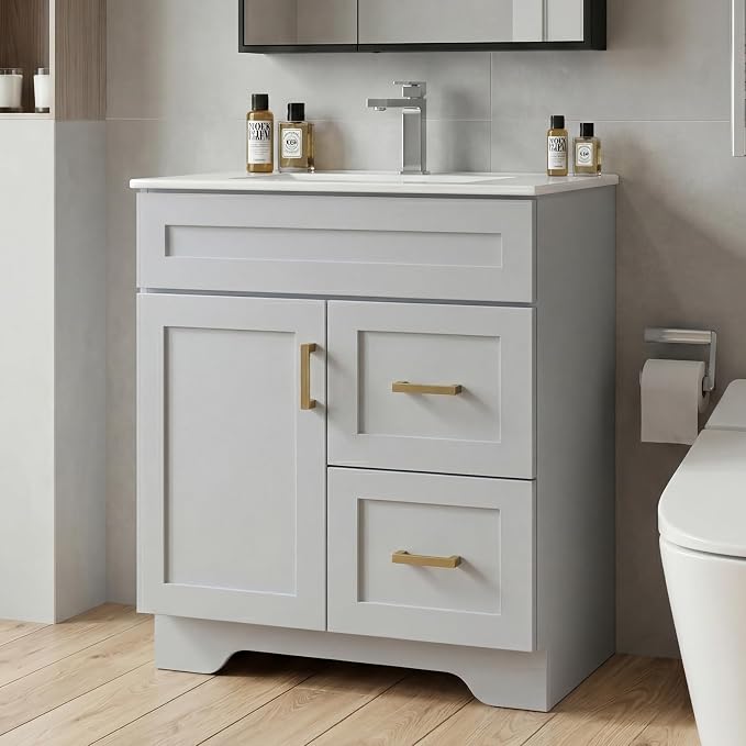 30 Inch Bathroom Vanity with Sink, Modern Shaker Bathroom Sink Cabinet with Soft-Close Door & 2 Drawers, Wood Freestanding Bathroom Storage Cabinet with Ceramic Basin, Grey