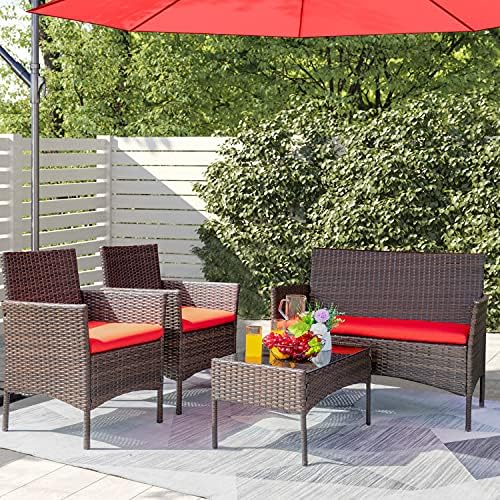 Greesum Patio Furniture 4 Pieces Conversation Sets,Brown and Red