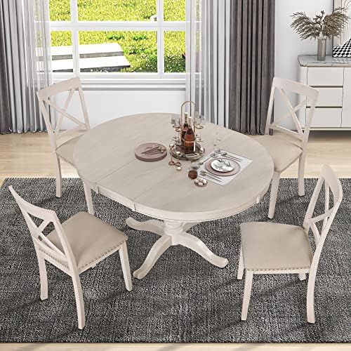 Harper & Bright Designs Modern Dining Table Set for 4,Round Table and 4 Kitchen Room Chairs,5 Piece Kitchen Table Set for Dining Room,Dinette,Breakfast Nook,Antique White