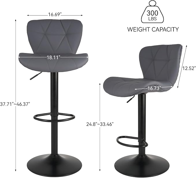 Nalupatio Modern Bar Stools Set of 3, Adjustable Faux Leather Upholstered Swivel Bar Stools, Counter Height Bar Chairs with Back for Kitchen Island, Dark Grey
